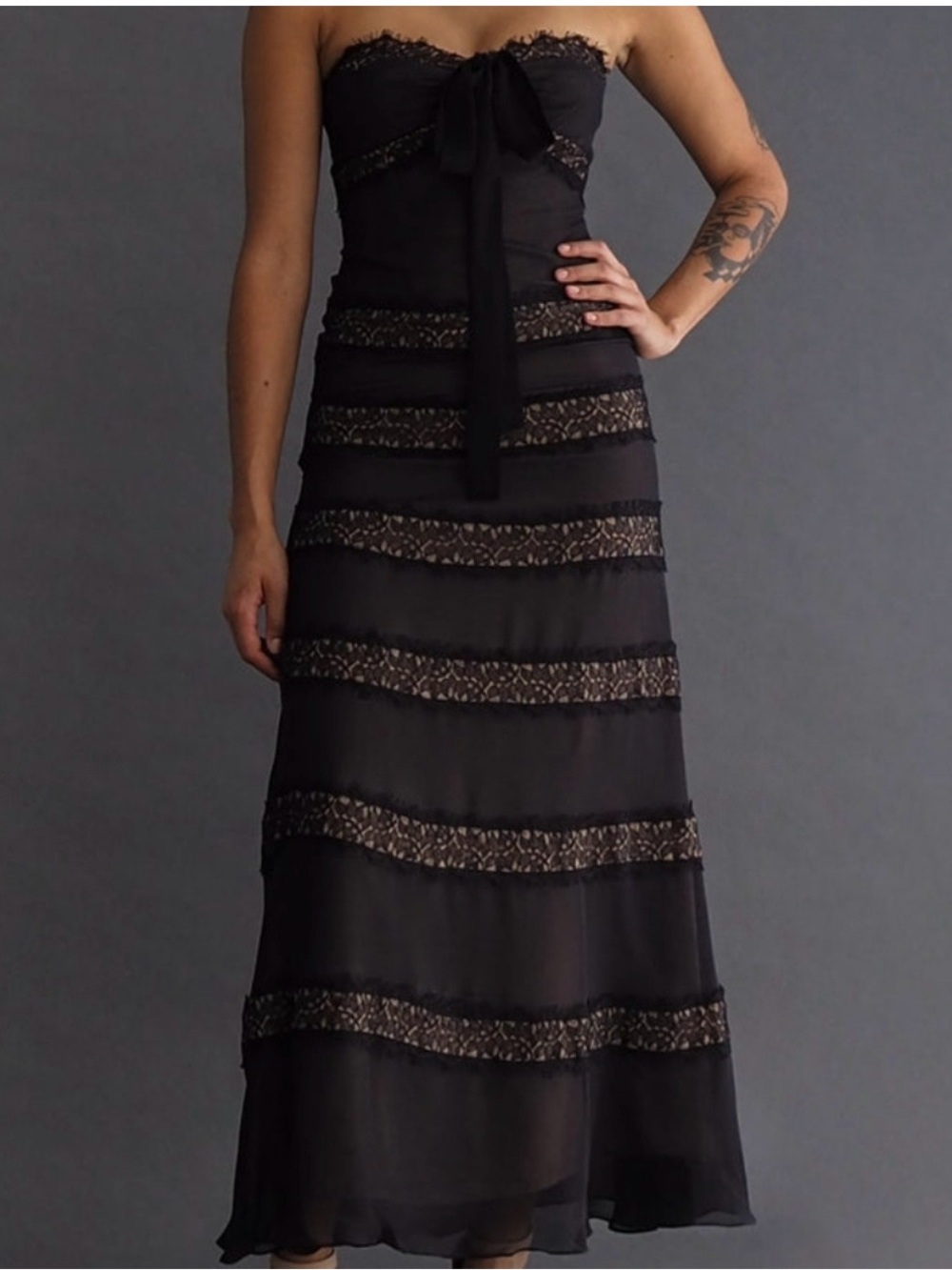 Strapless Black Lace-Trim Maxi Dress